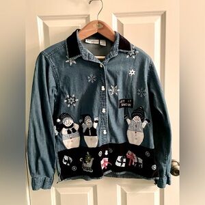 Vintage Dress Barn Women’s Denim Snowman Christmas Holiday Shirt Large